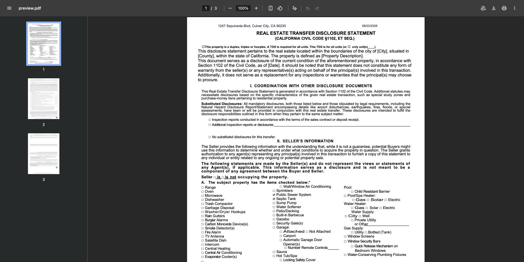 Three-page California disclosure PDF generated from saved Loqol answers