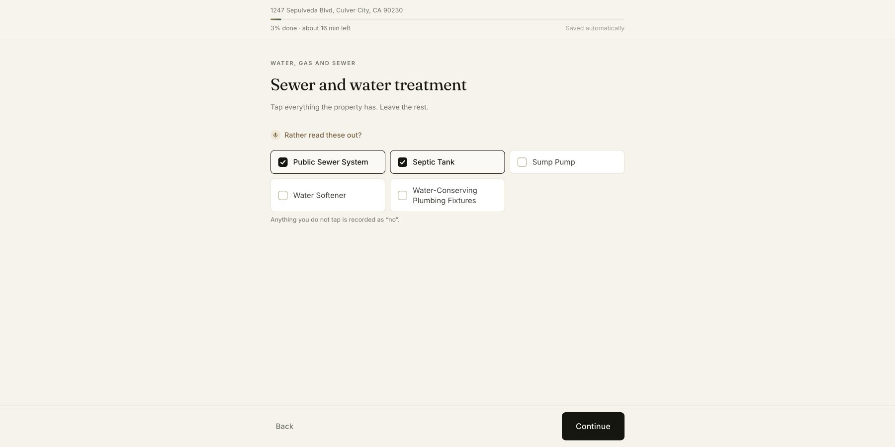 Loqol seller questionnaire with conflicting public-sewer and septic-tank answers saved