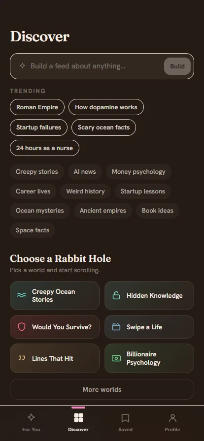Curio Discover screen showing topics and educational rabbit holes